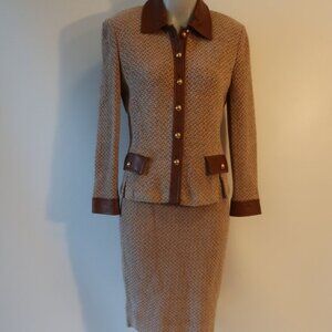 Womens St John Collection Marie Gray Brown Taupe Leather 2Pc Set Skirt Jacket 4*